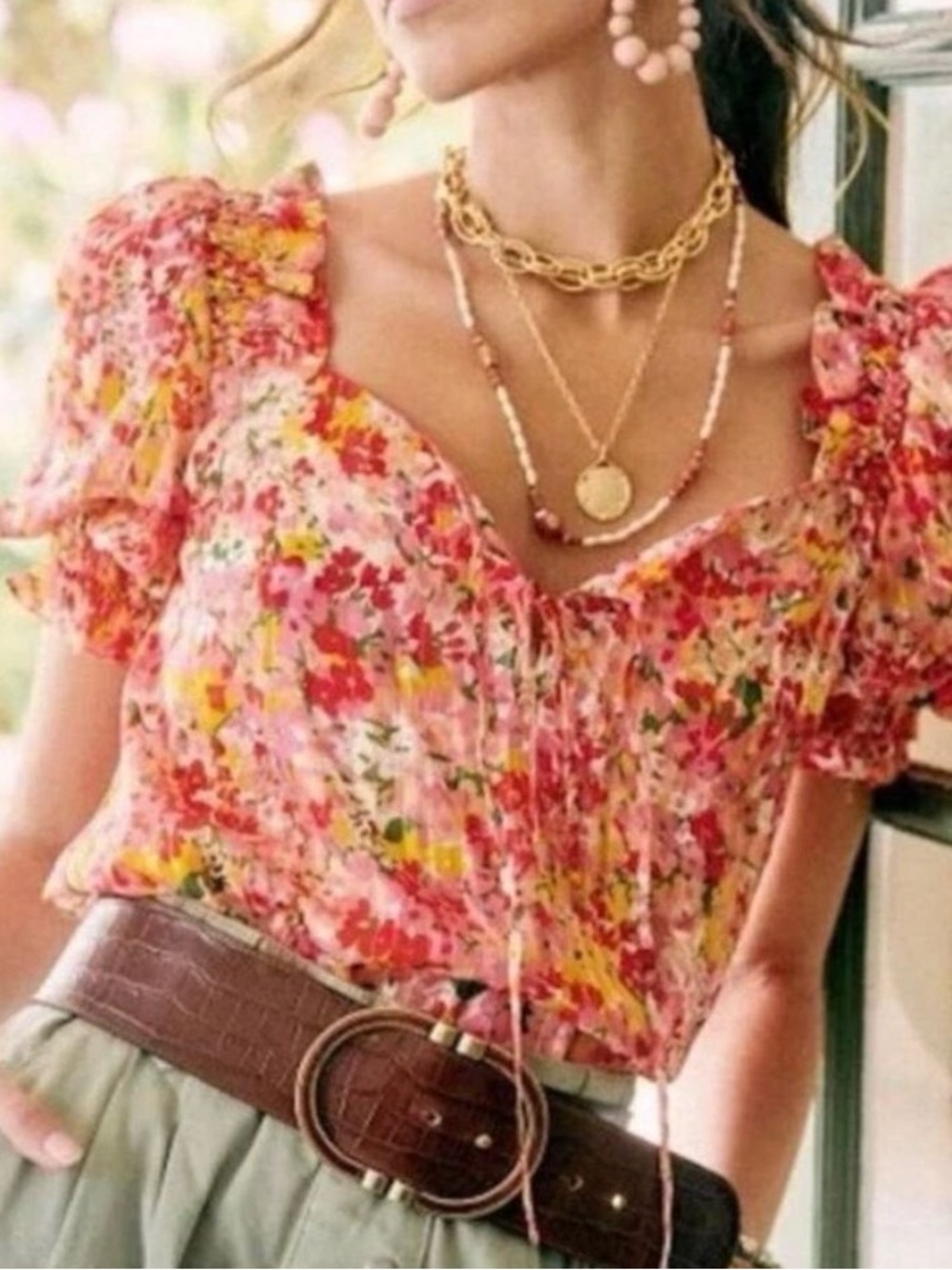 Sezane Pink Multicolor Floral Puff-Sleeve Blouse